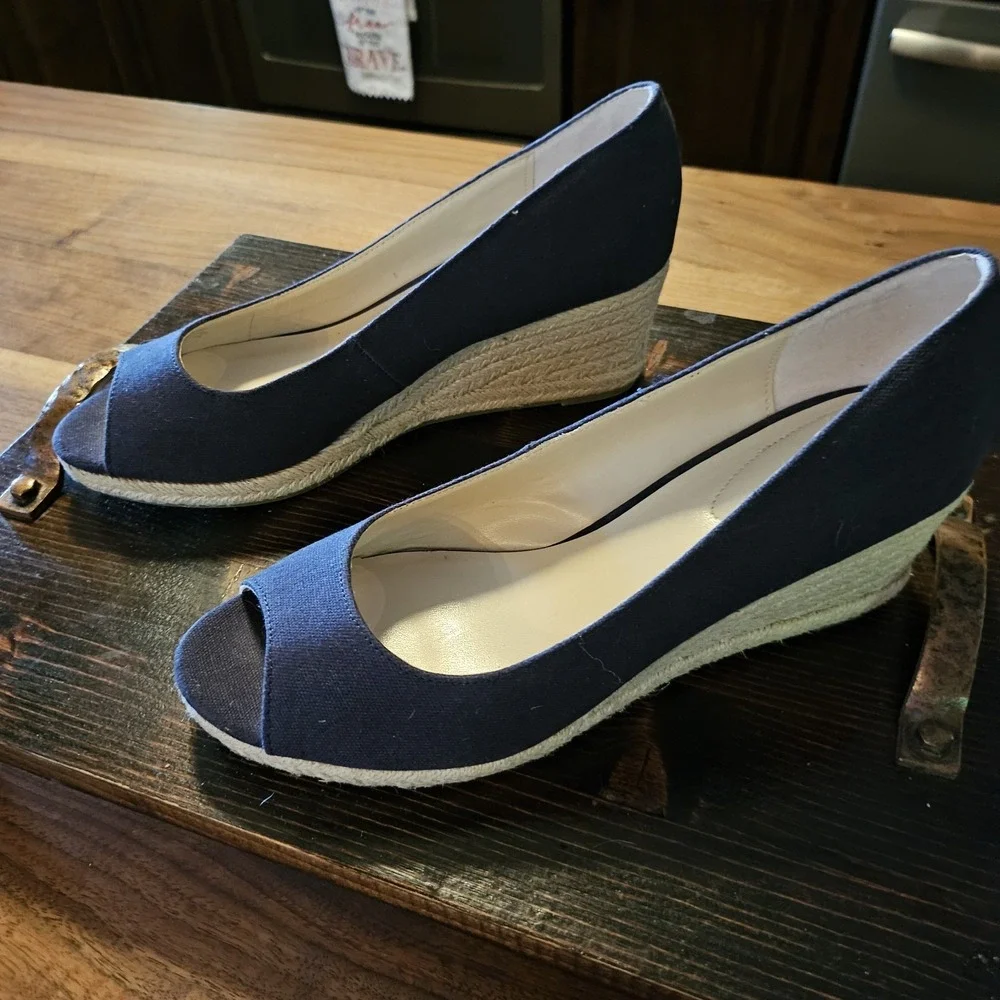 Women's Navy Peep-Toe Espadrille Wedge Heels